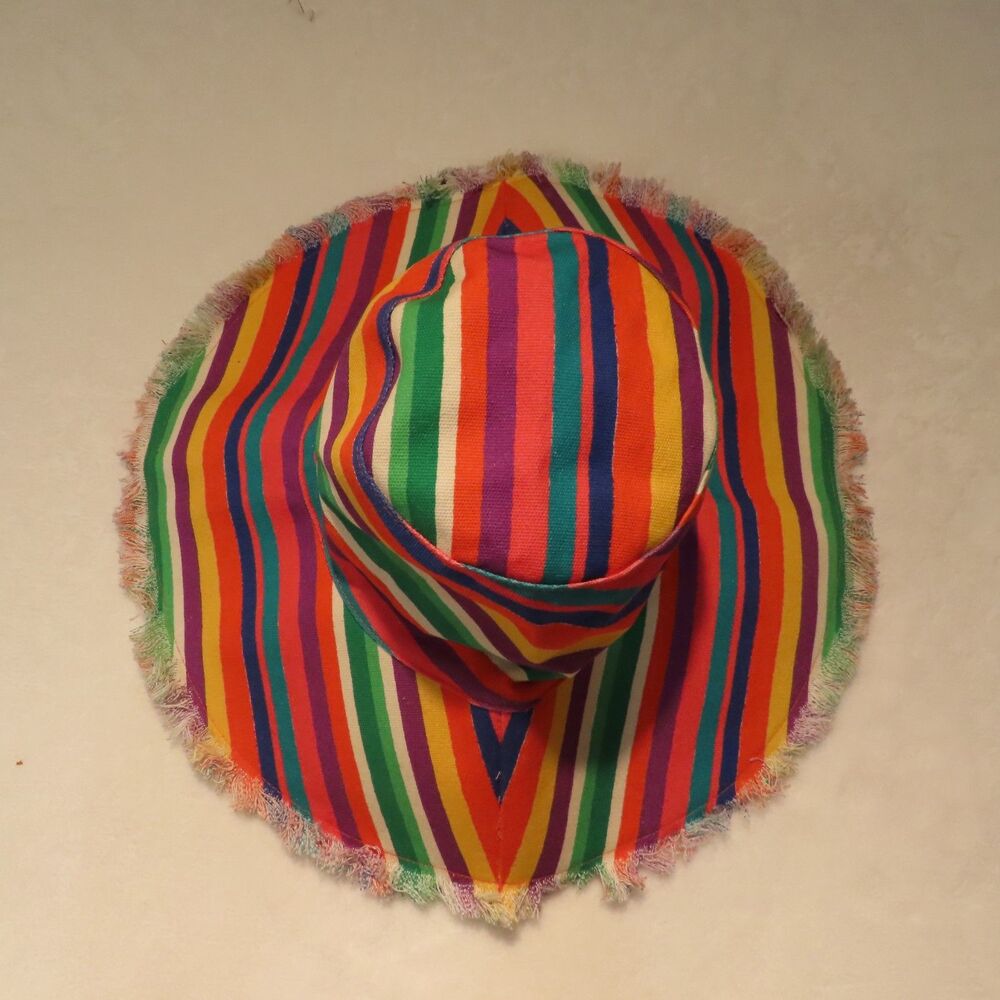Frances Valentine Sun Hat Womens Multicolored Striped Cotton Fringe Brim